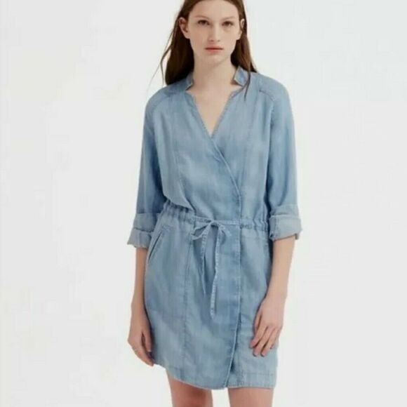 Lou & Grey M Blue Chambray Lyocell‎ Overlap Shirt Dress - Picture 1 of 7